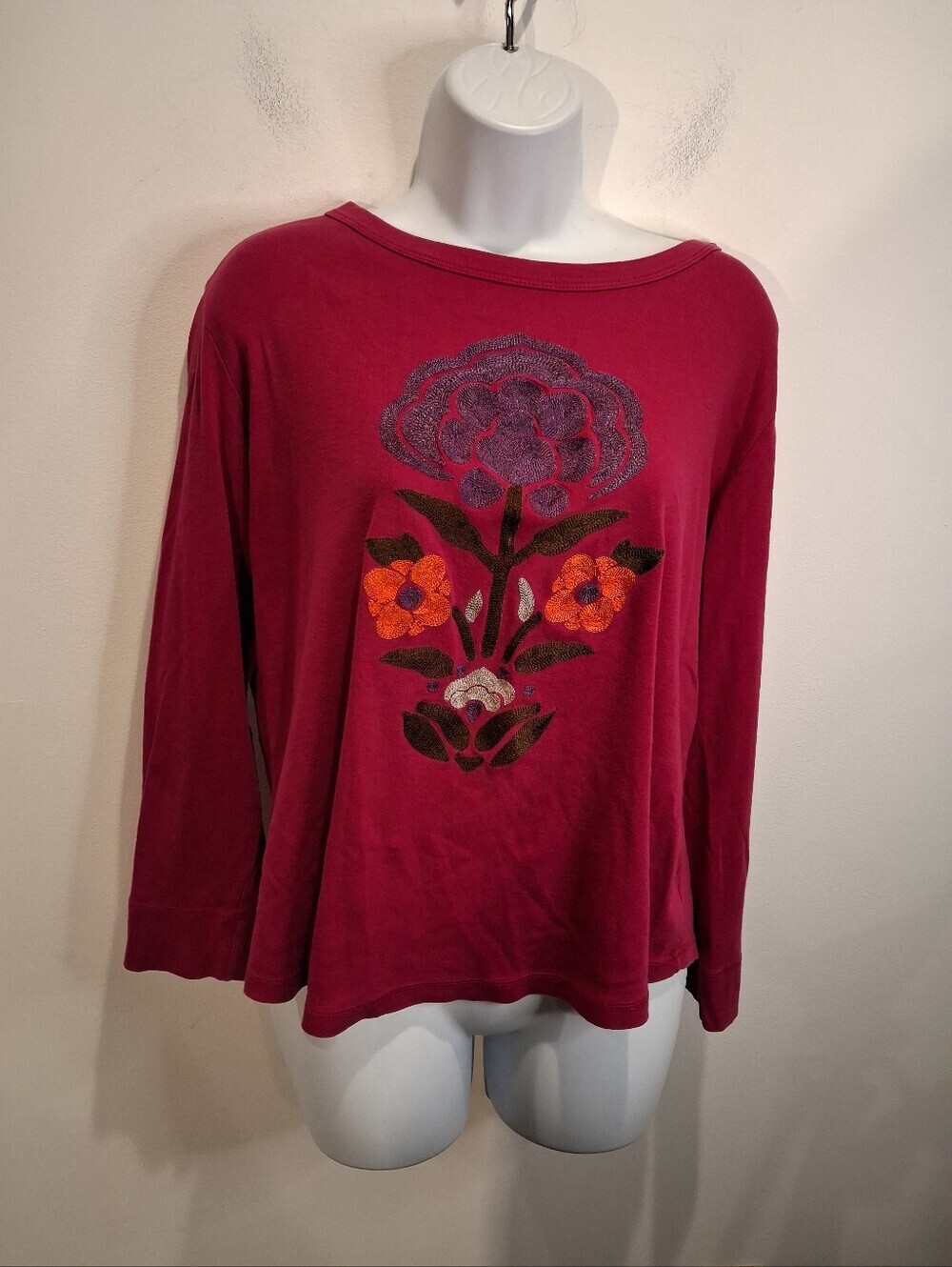 Talbots Size 1XLP Pink Top With Embroidered Boho Flower Cotton